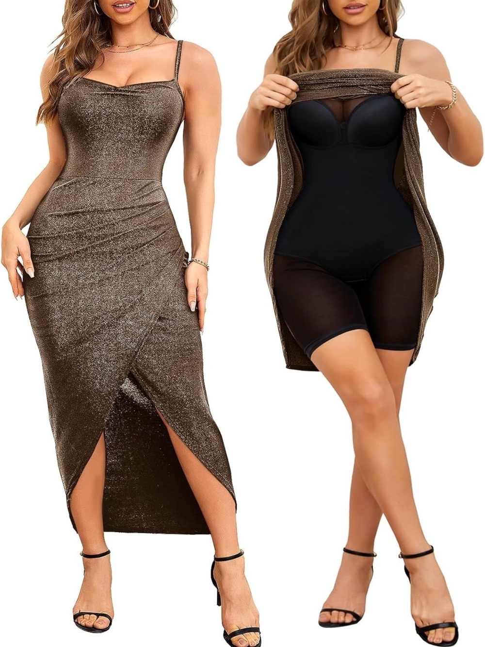 Slimers Gold Metallic Shapewear Evening Dress Built-In Bra